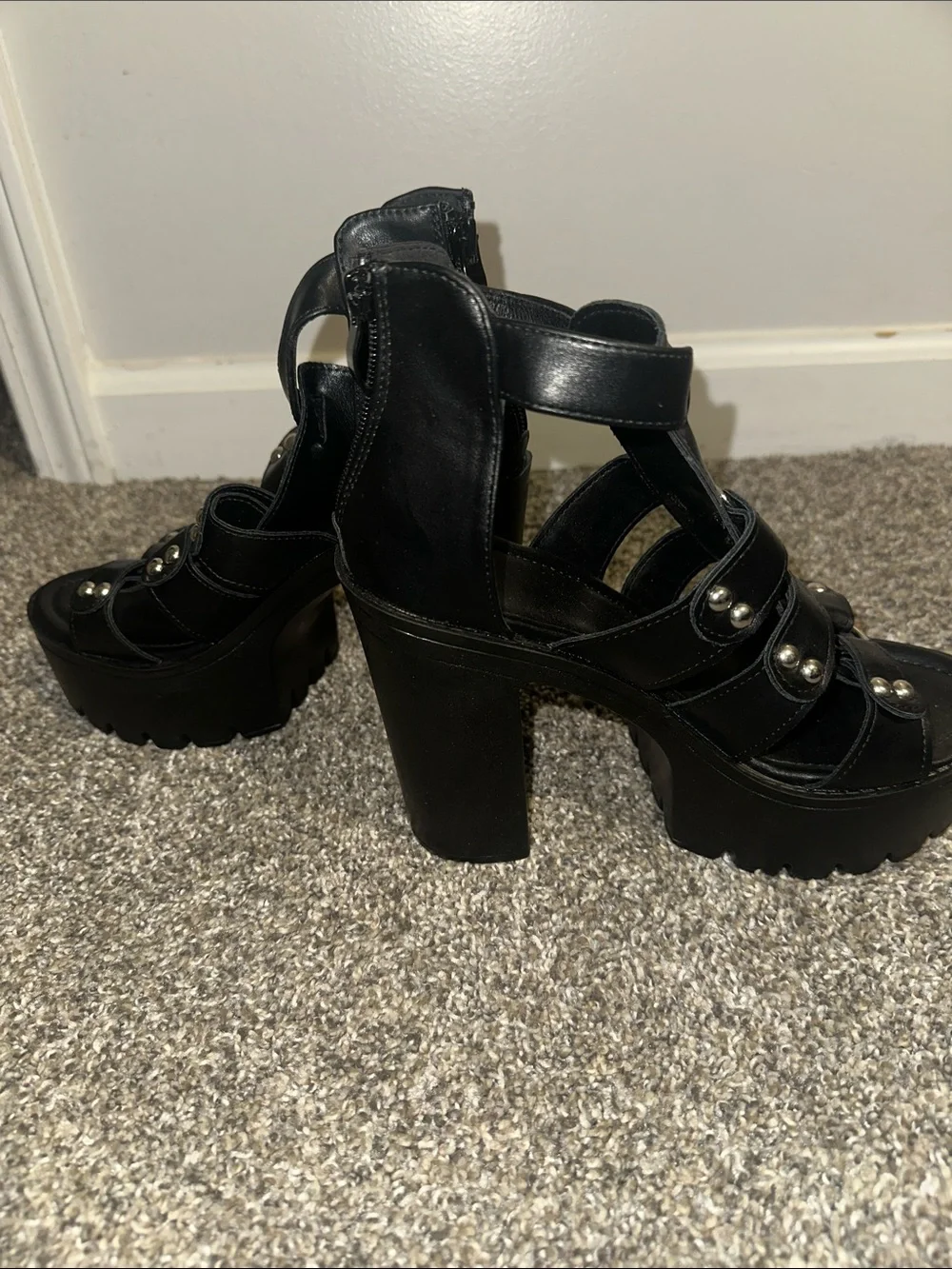 Studded Black Platform Strappy Heels